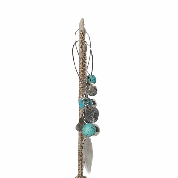 Faux Turquoise and Silver Feather Cluster Earrings - Picture 3 of 6